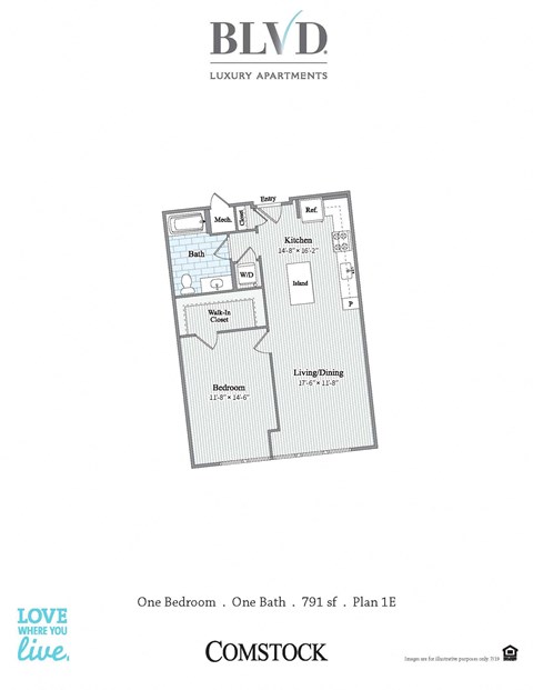 Floor plan for 1 bed, 1 bath, 791 sqft