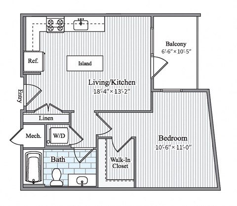 Floor plan for 1 bed, 1 bath, 626 sqft