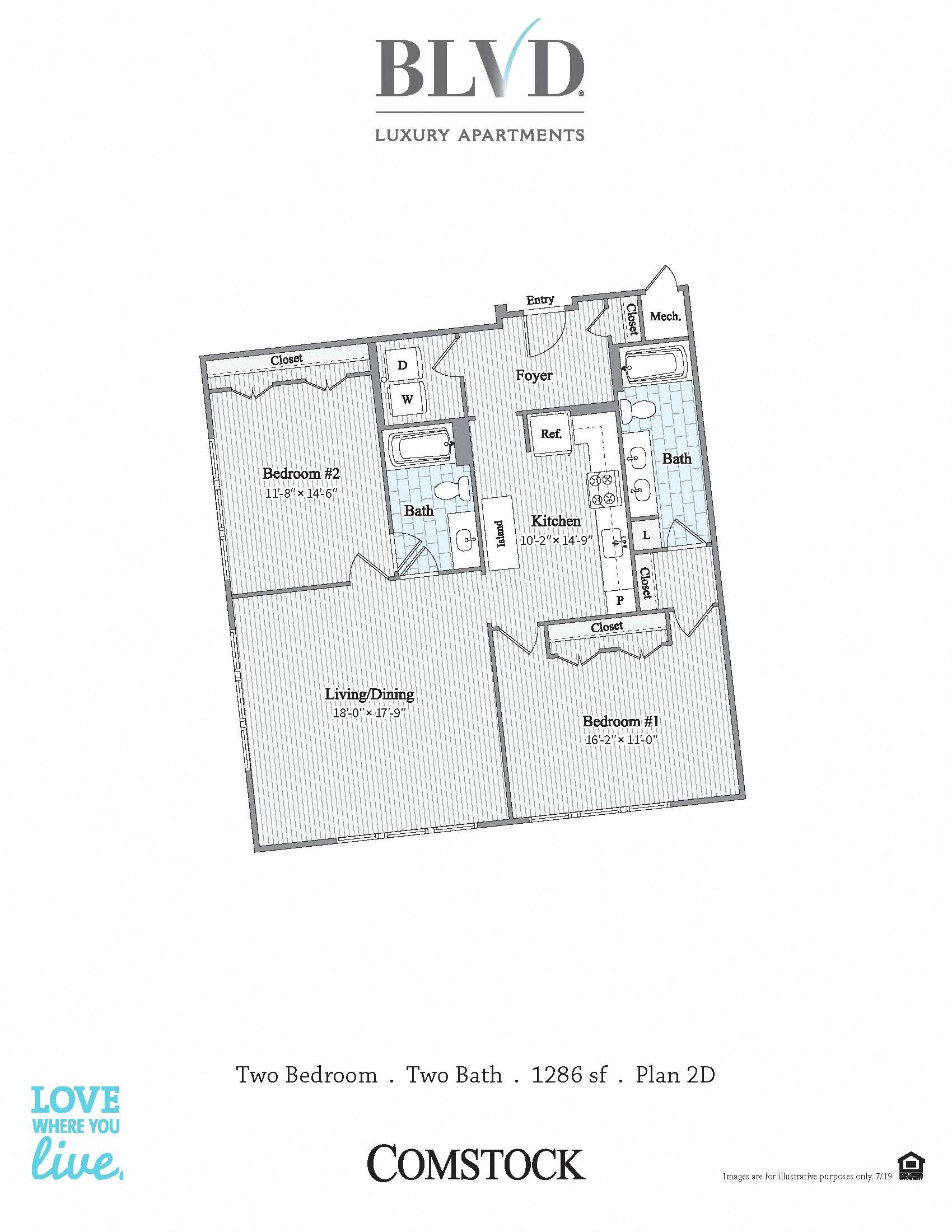 Floor plan for 2 beds, 2 baths, 1284 sqft