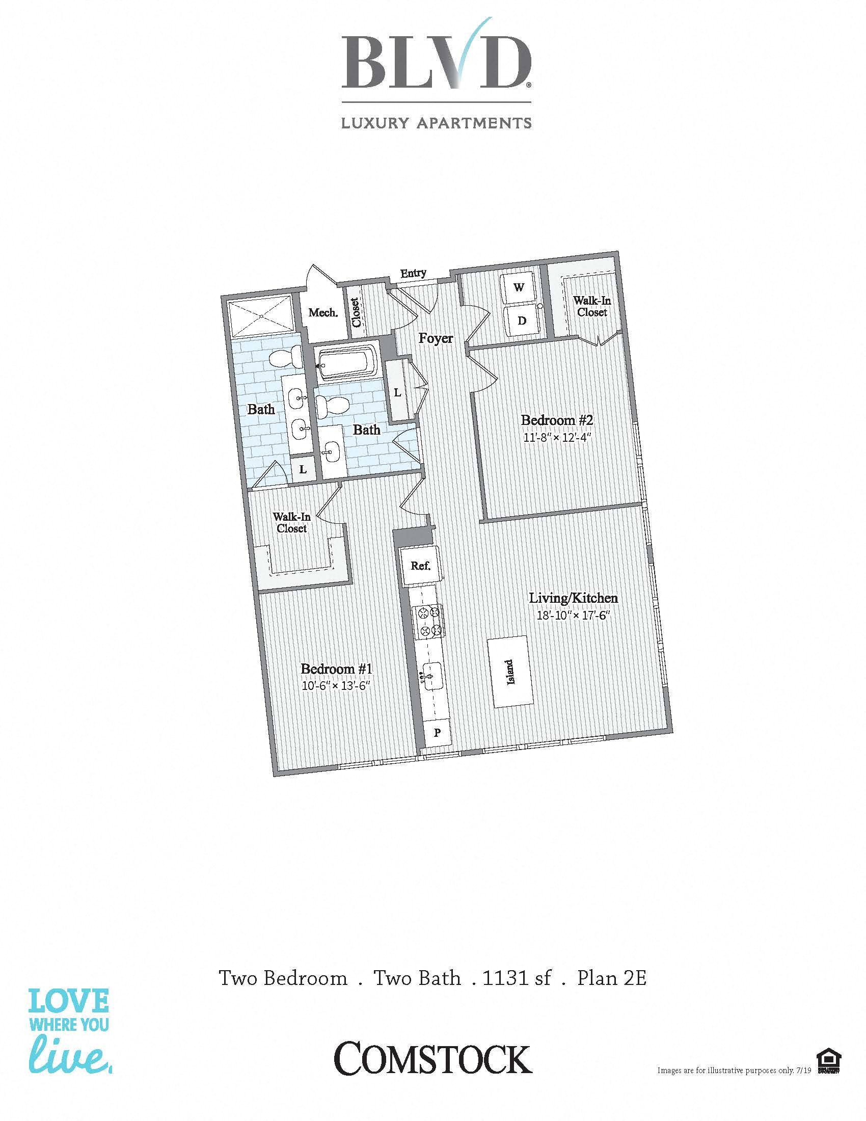 Floor plan for 2 beds, 2 baths, 1131 sqft