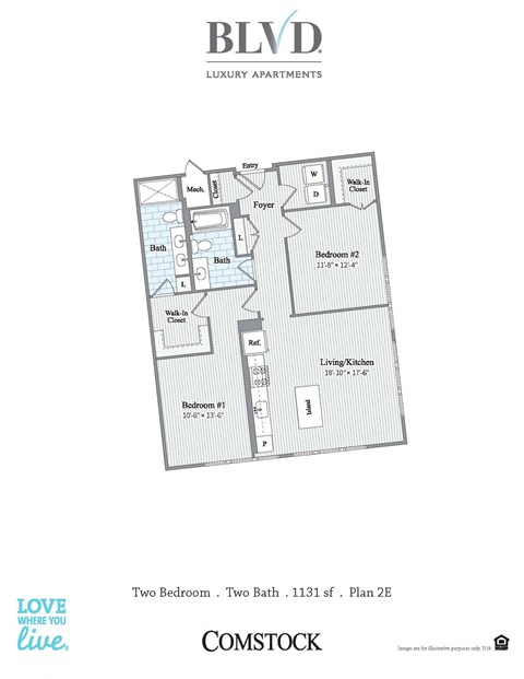 Floor plan for 2 beds, 1 bath, 1131 sqft