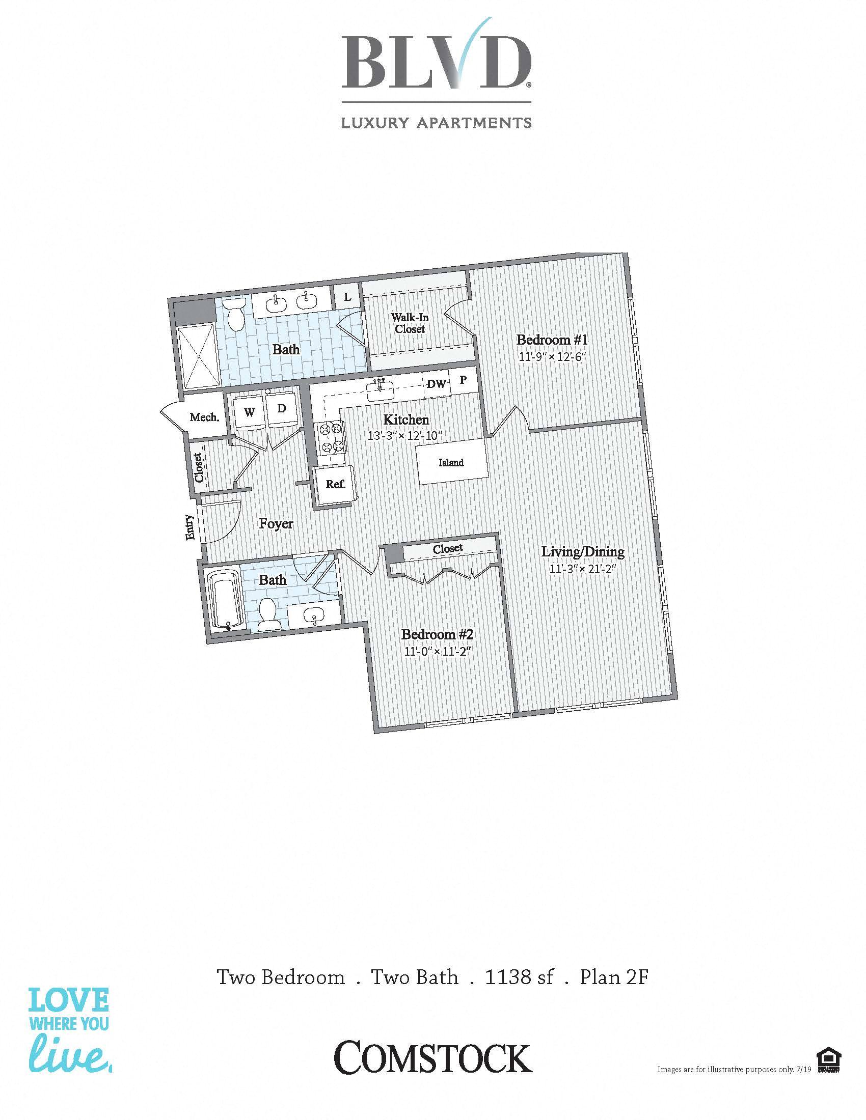 Floor plan for 2 beds, 2 baths, 1138 sqft