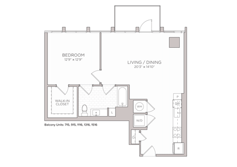Floor plan for 1 bed, 1 bath, 814 sqft