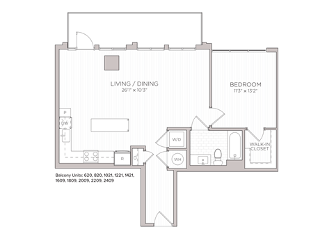 Floor plan for 1 bed, 1 bath, 842 sqft