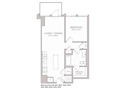 Floor plan for 1 bed, 1 bath, 652 sqft