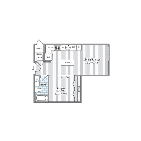 Floor plan for studio, 1 bath, 582 sqft