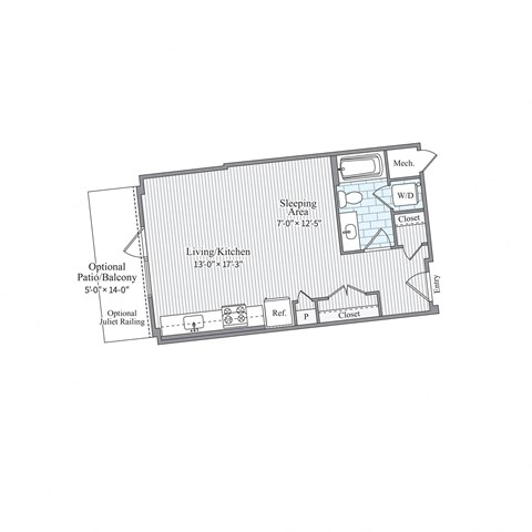 Floor plan for studio, 1 bath, 544 sqft