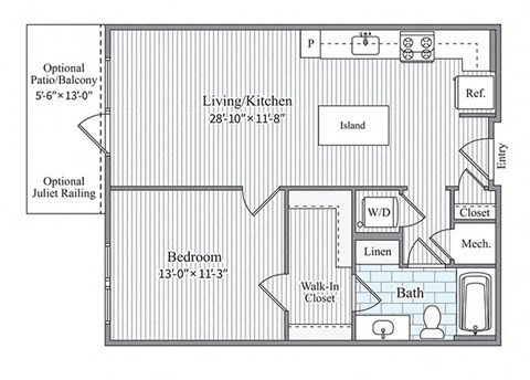 Floor plan for 1 bed, 1 bath, 751 sqft