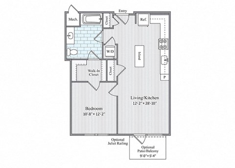 Floor plan for 1 bed, 1 bath, 731 sqft