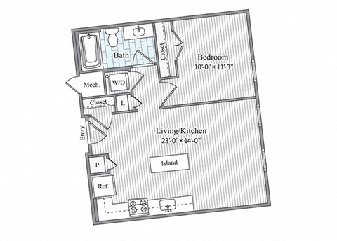Floor plan for 1 bed, 1 bath, 634 sqft