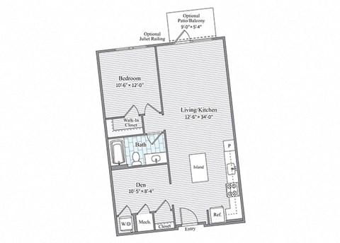 Floor plan for 1 bed, 1 bath, 839 sqft