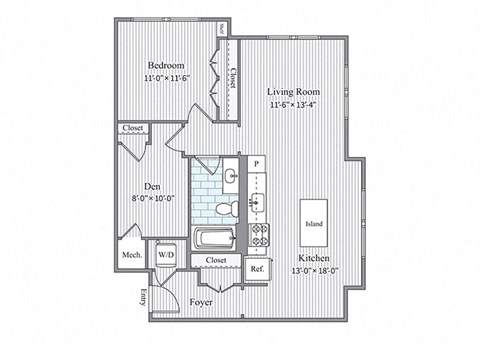 Floor plan for 1 bed, 1 bath, 878 sqft