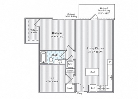 Floor plan for 1 bed, 1 bath, 980 sqft
