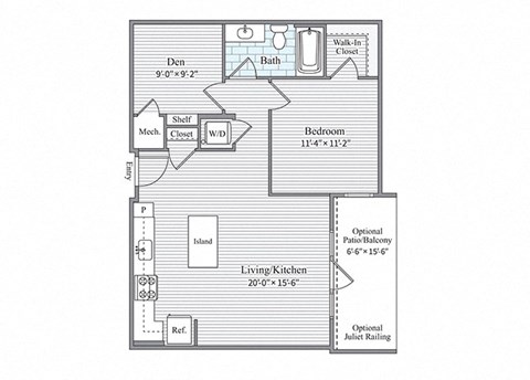 Floor plan for 1 bed, 1 bath, 857 sqft