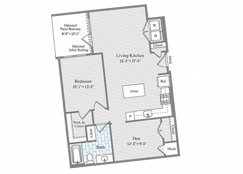 Floor plan for 1 bed, 1 bath, 1074 sqft