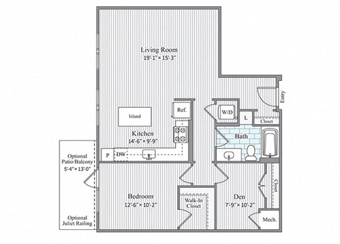 Floor plan for 1 bed, 1 bath, 963 sqft