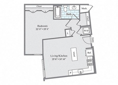 Floor plan for 1 bed, 1 bath, 857 sqft