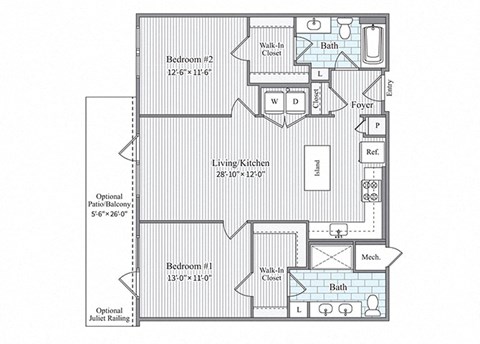Floor plan for 2 beds, 2 baths, 1215 sqft