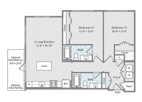 Floor plan for 2 beds, 2 baths, 1051 sqft