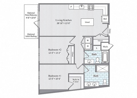 Floor plan for 2 beds, 2 baths, 1071 sqft