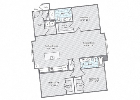 Floor plan for 3 beds, 2 baths, 1666 sqft
