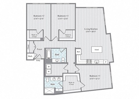 Floor plan for 3 beds, 2 baths, 1685 sqft