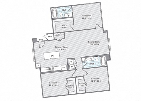 Floor plan for 3 beds, 2 baths, 1666 sqft