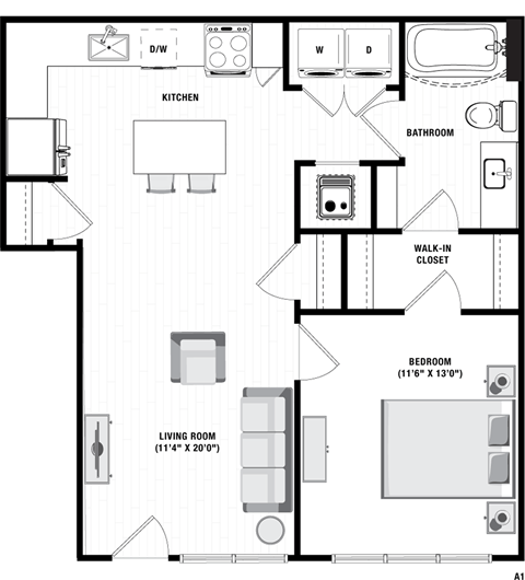 Floor plan for 1 bed, 1 bath, 791 sqft