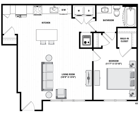 Floor plan for 1 bed, 1 bath, 839 sqft