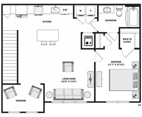 Floor plan for 1 bed, 1 bath, 950 sqft