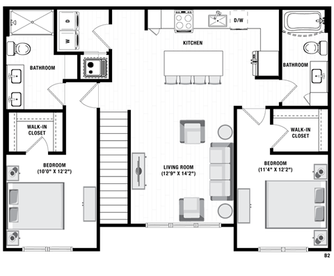 Floor plan for 2 beds, 2 baths, 1177 sqft