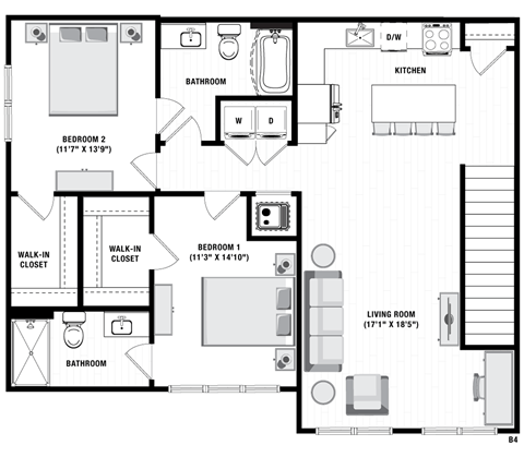 Floor plan for 2 beds, 2 baths, 1220 sqft