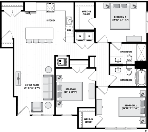 Floor plan for 3 beds, 2 baths, 1451 sqft