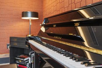 A piano sits in the corner of the room with a lamp next to it