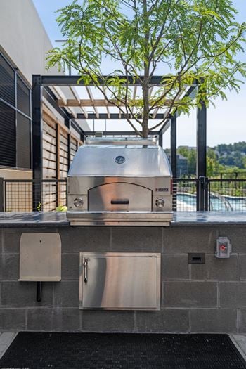 A bbq grill is on a patio with a tree behind it