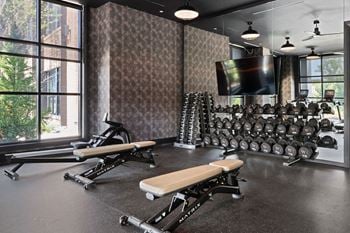A gym with a variety of equipment including weights and a flat screen tv