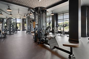 A gym with a variety of equipment including a squat rack, bench, and weights