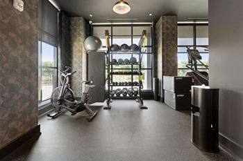 A workout room with a bike and weights on a rack