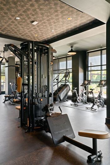 A gym with a variety of equipment including a squat rack and a bench
