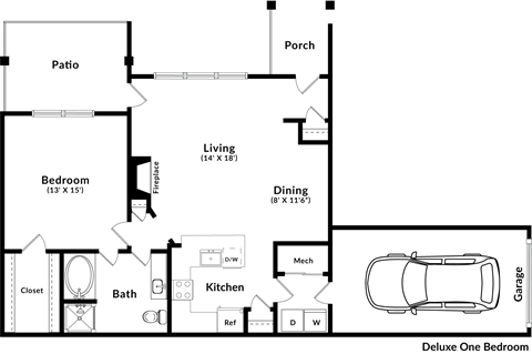 Floor plan for 1 bed, 1 bath, 964 sqft