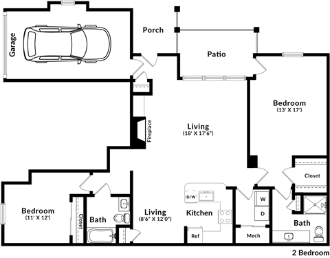Floor plan for 2 beds, 2 baths, 1307 sqft