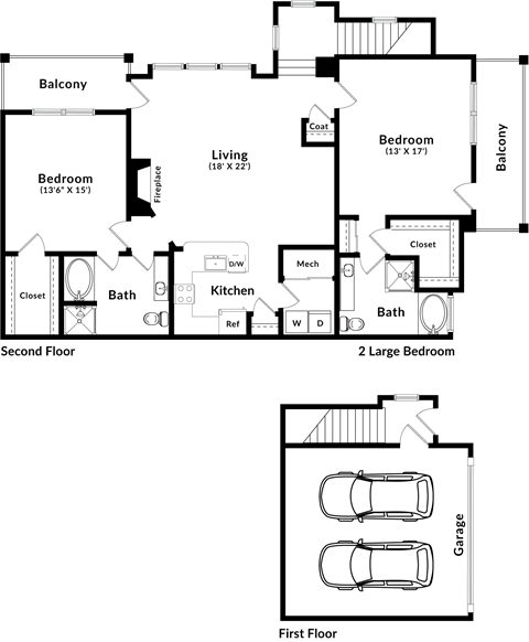 Floor plan for 2 beds, 2 baths, 1520 sqft