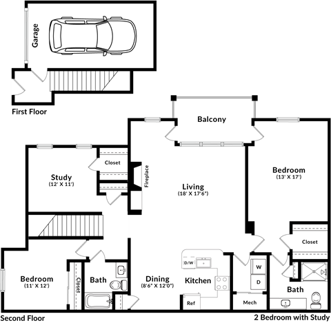 Floor plan for 2 beds, 2 baths, 1570 sqft