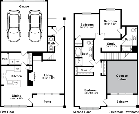 Floor plan for 3 beds, 2.5 baths, 1733 sqft