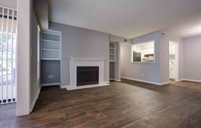 Raleigh apartment for rent - fireplace and bookcases in living room at Laurel Springs, North Carolina