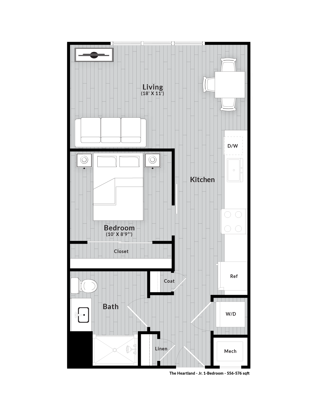 Floor plan for 1 bed, 1 bath, 576 sqft