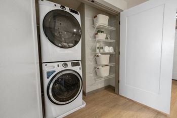 A washer and dryer in a small closet