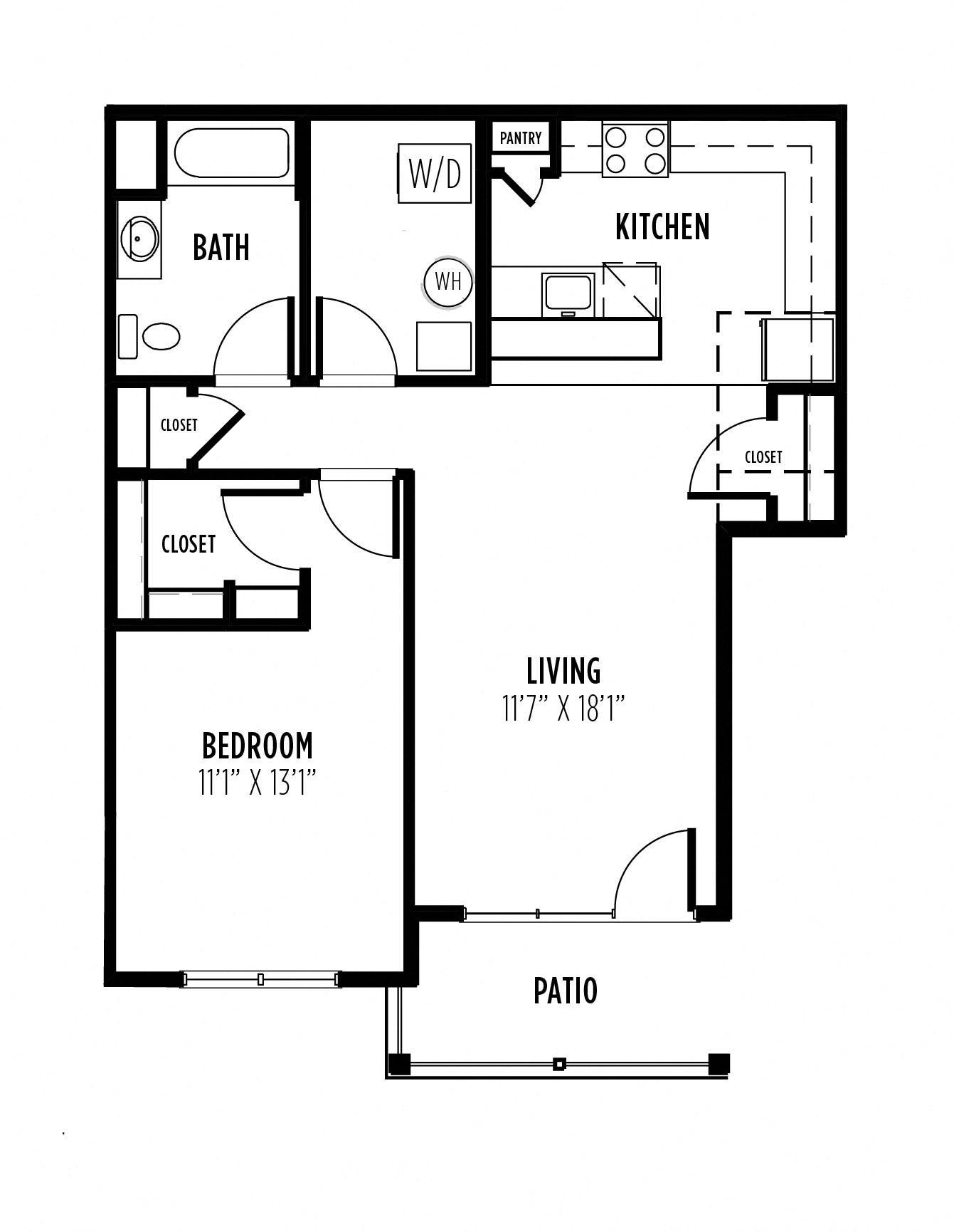 Floor plan for 1 bed, 1 bath, 918 sqft