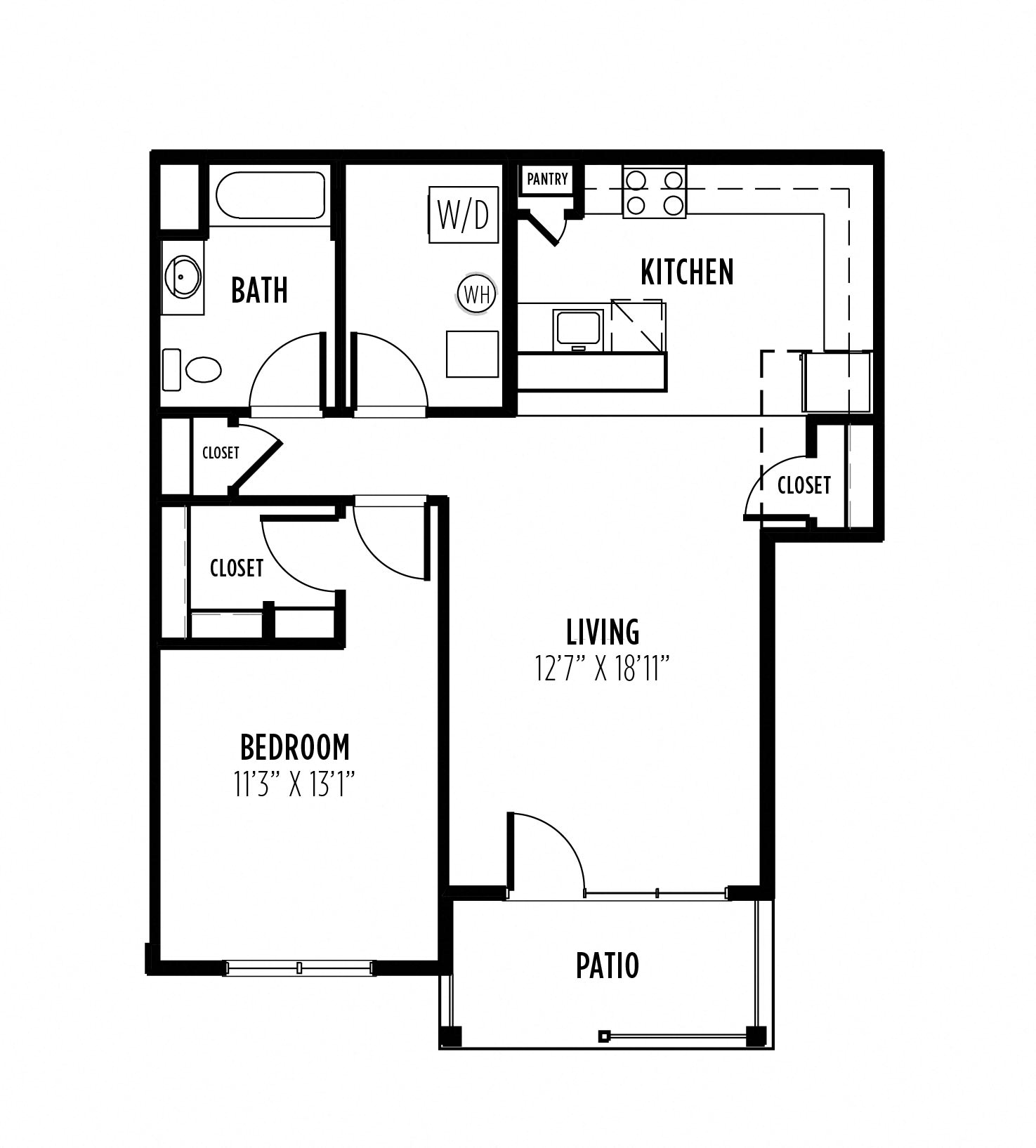 Floor plan for 1 bed, 1 bath, 935 sqft