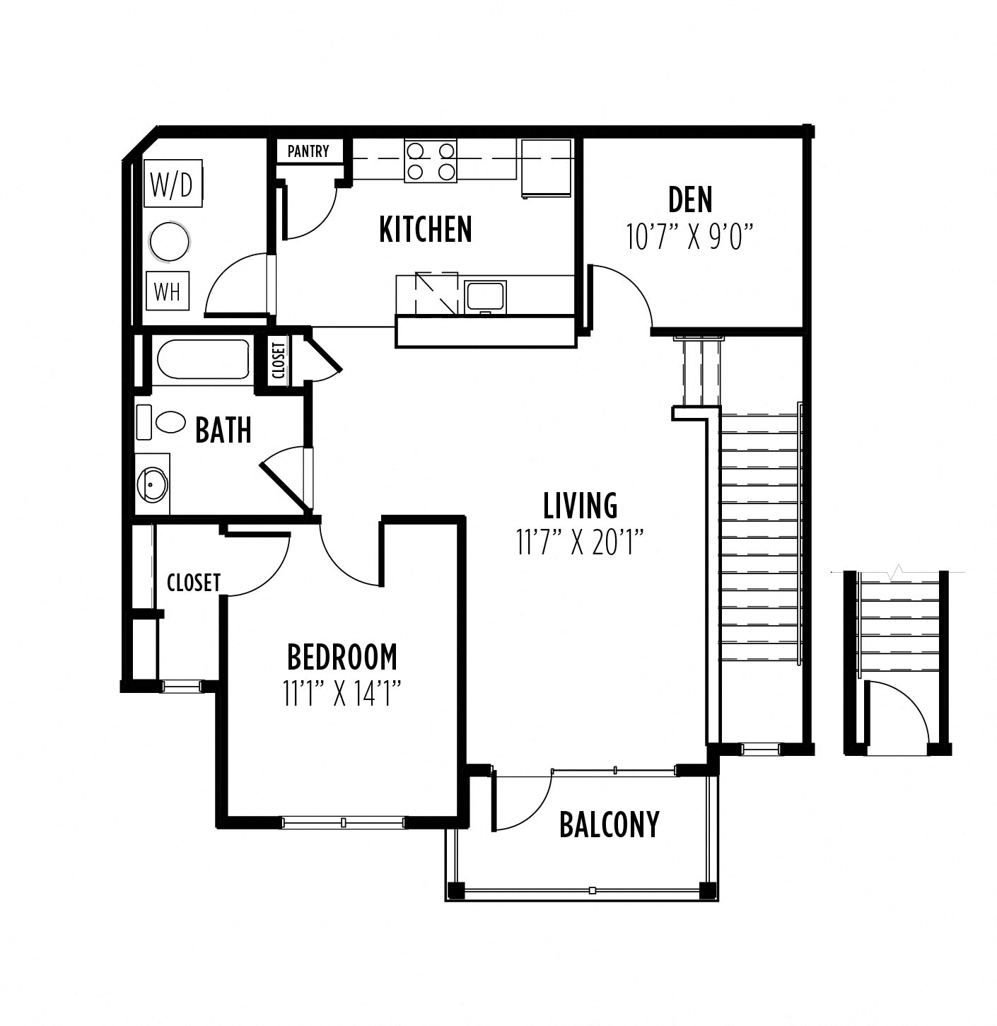 Floor plan for 1 bed, 1 bath, 1105 sqft